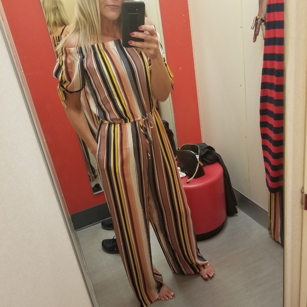 Xhilaration Striped Off-Shoulder Jumpsuit